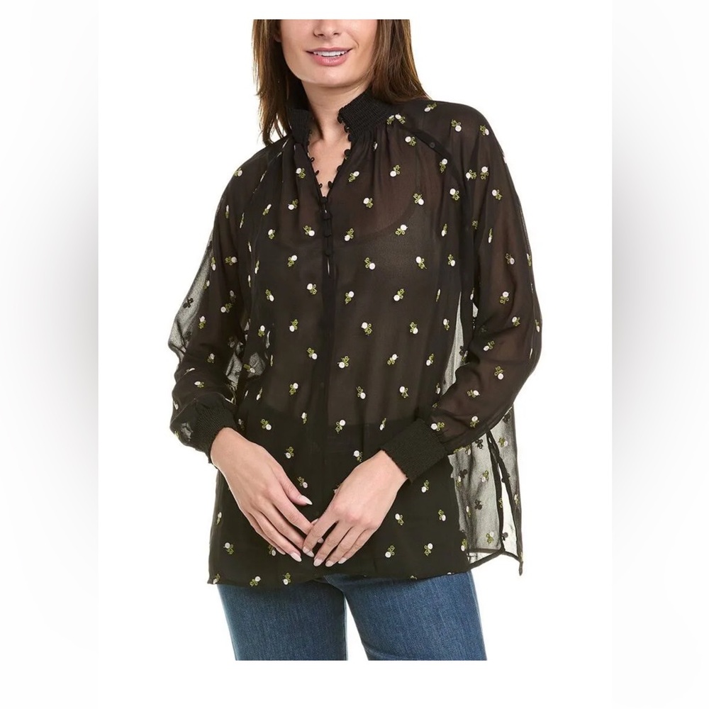 CAbi size Xs Black Sheer Blouse with embroidered Floral Accents